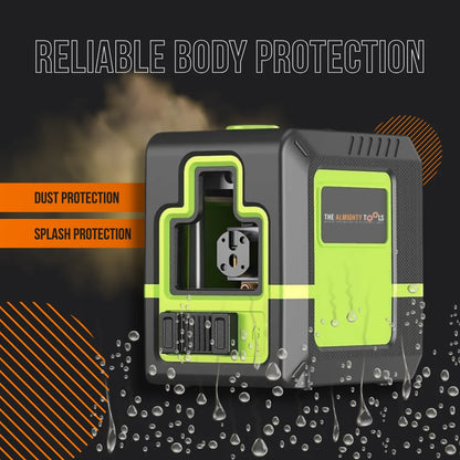 Green and black laser level tool with dust and splash protection, The Almighty Tools branding