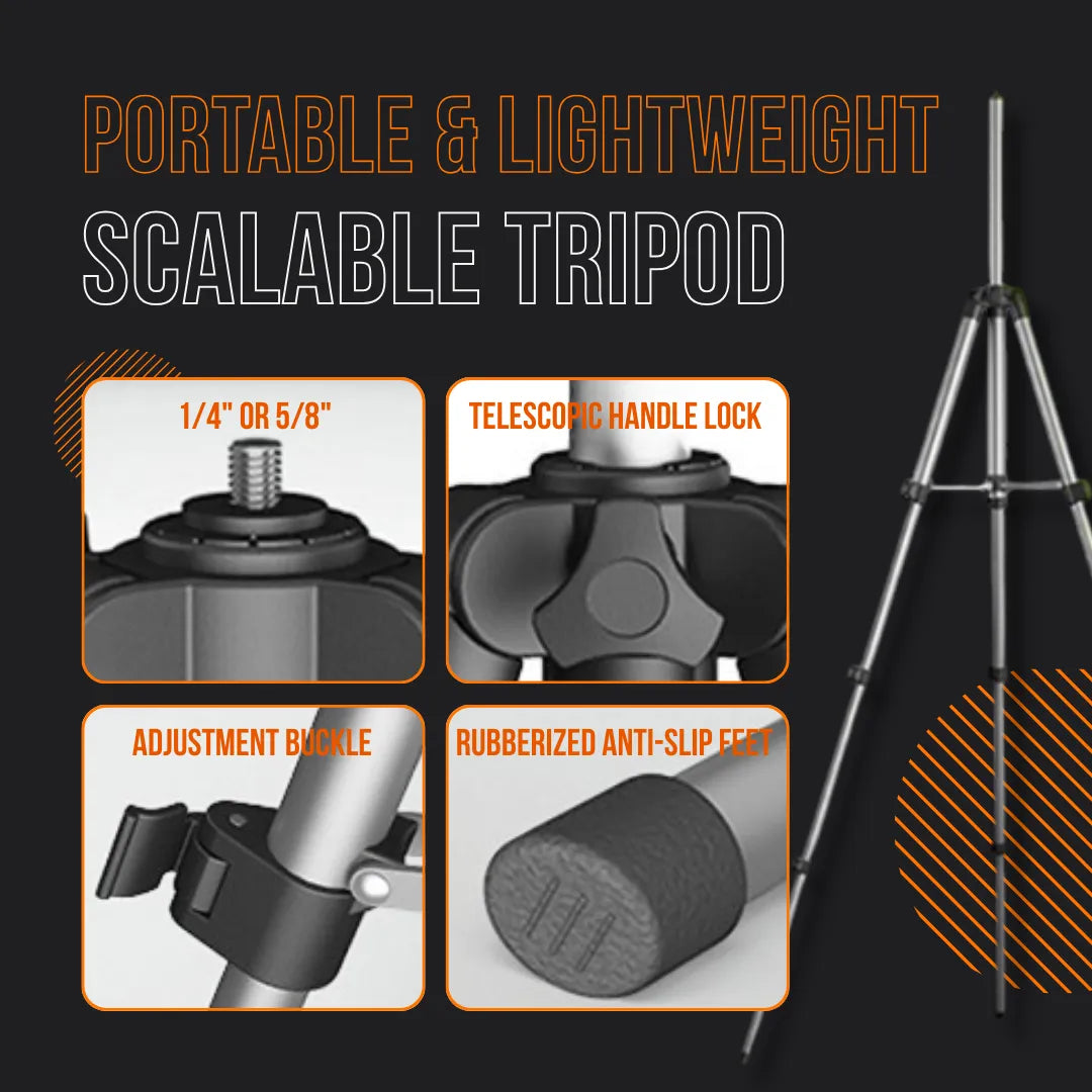 Portable lightweight scalable tripod with adjustable buckle, telescopic lock, anti-slip feet, and 1/4 or 5/8 inch screw.