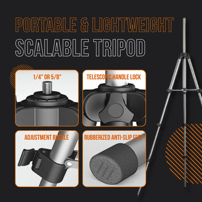 Portable lightweight scalable tripod with adjustable buckle, telescopic lock, anti-slip feet, and 1/4 or 5/8 inch screw.