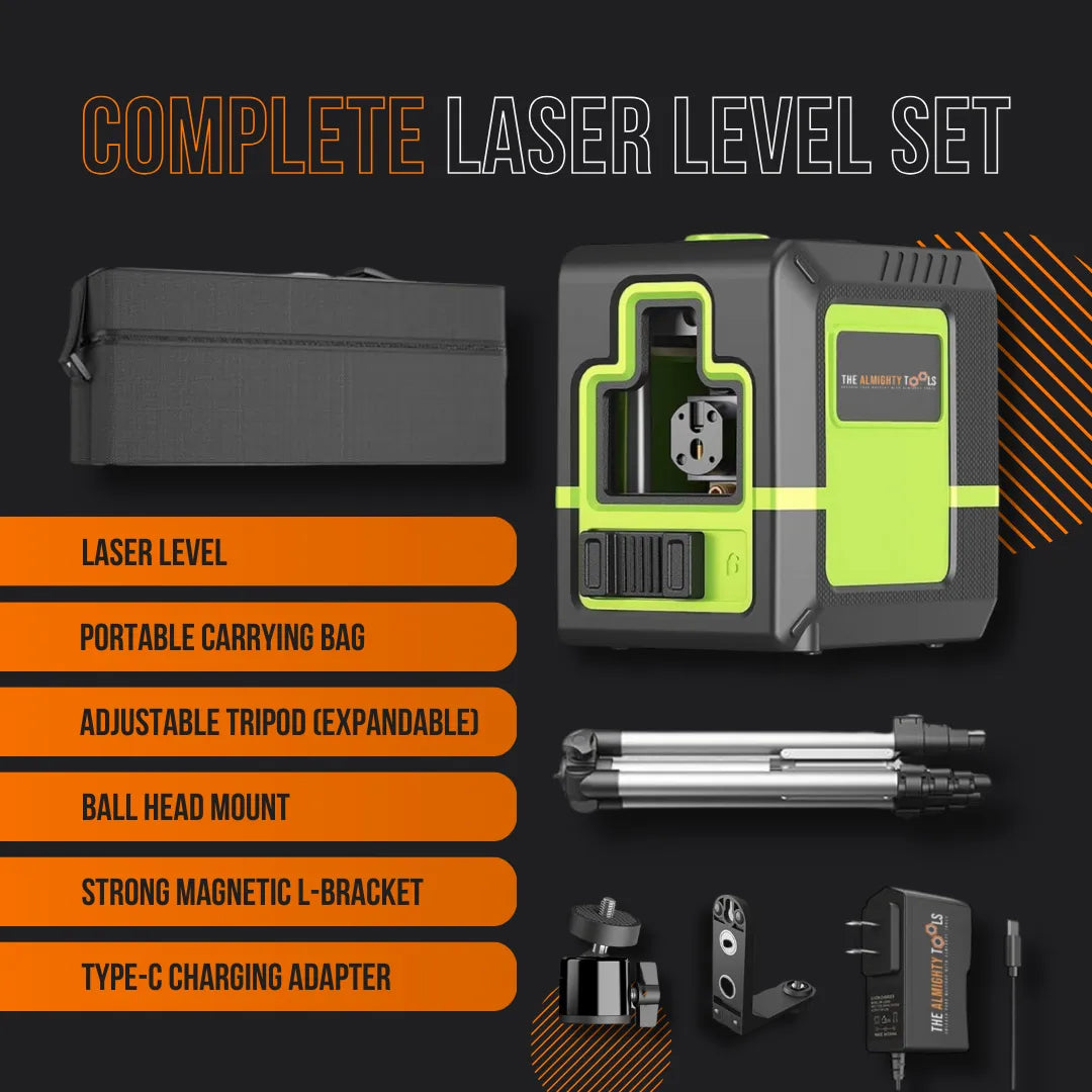Complete laser level set with green laser level, tripod, carrying bag, accessories, and charger