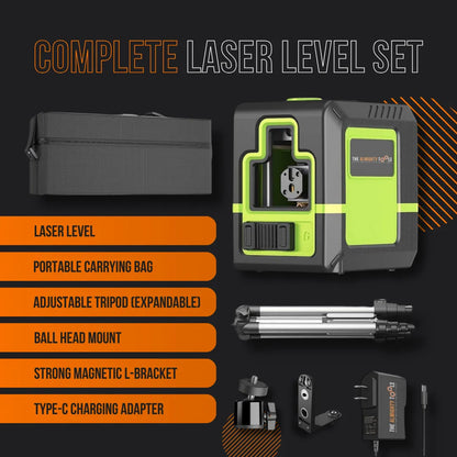 Complete laser level set with green laser level, tripod, carrying bag, accessories, and charger