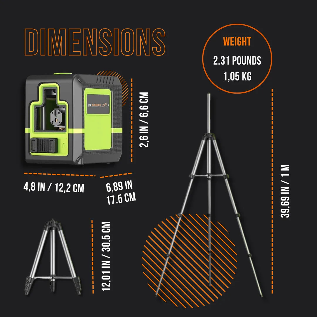 Laser level tool with tripod, size dimensions and weight on black background.