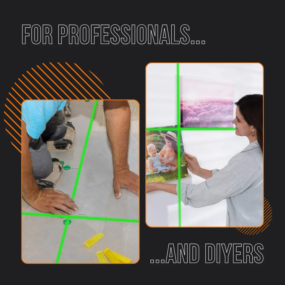 Laser level tool used for tile installation and wall art alignment, for professionals and DIYers