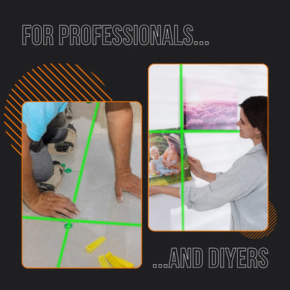 Laser level tool used for tile installation and wall art alignment, for professionals and DIYers