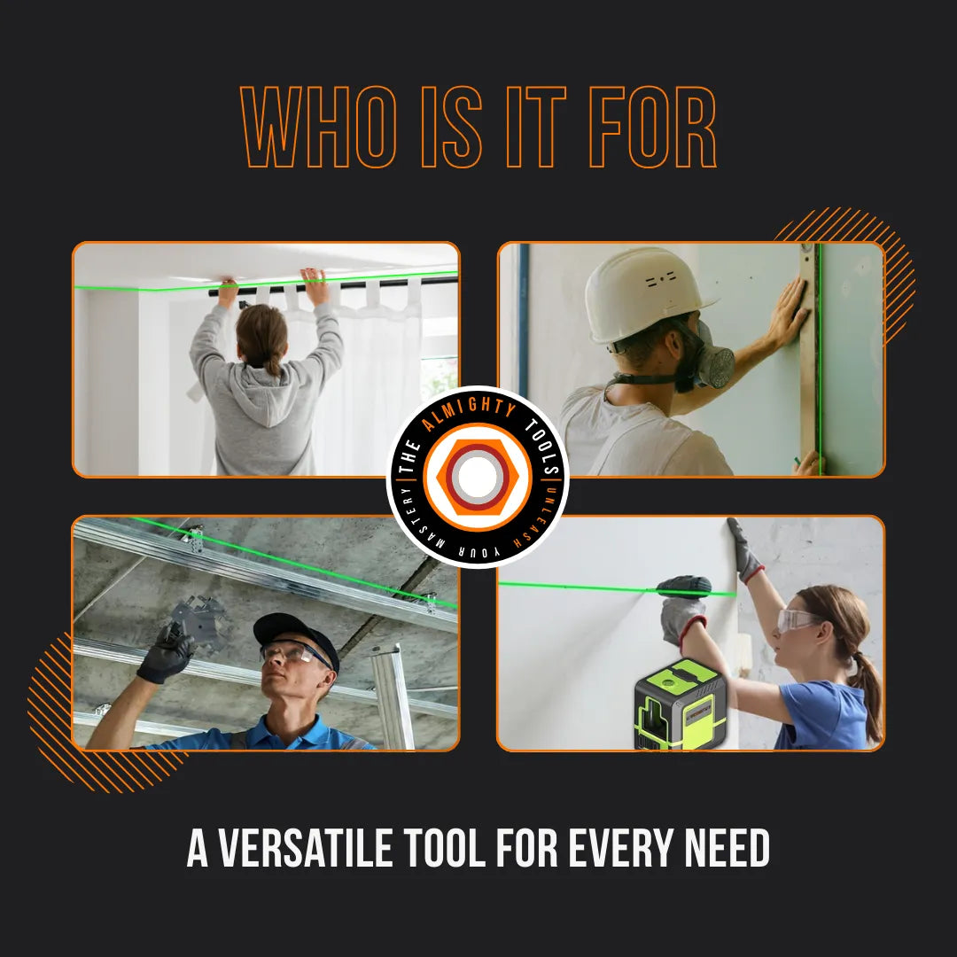 Four people using a green laser level tool for DIY, construction, and home improvement tasks.
