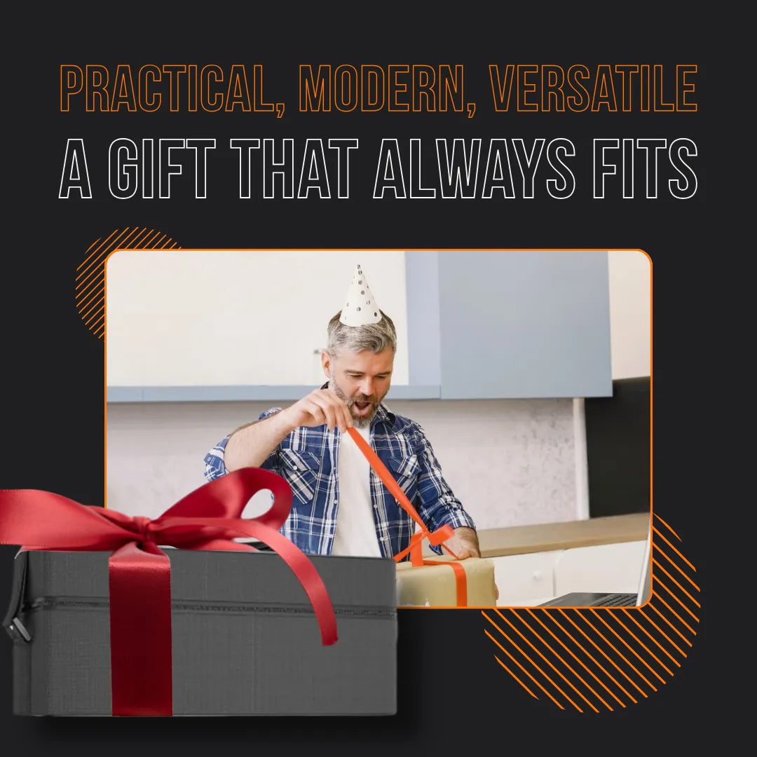 Man in party hat opening gift box, text says practical modern versatile gift