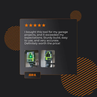 Product review with five stars, customer feedback, and two images of a green laser level tool.