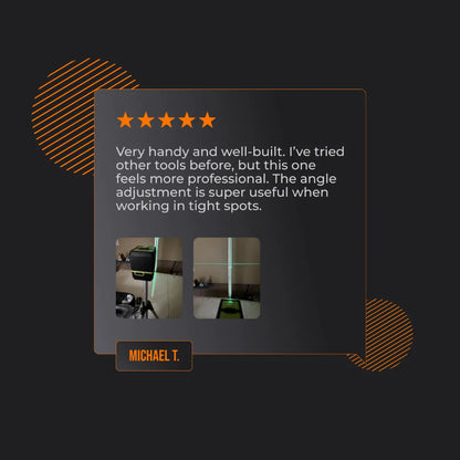 5-star laser level tool review with user photos and testimonial on a dark graphic background