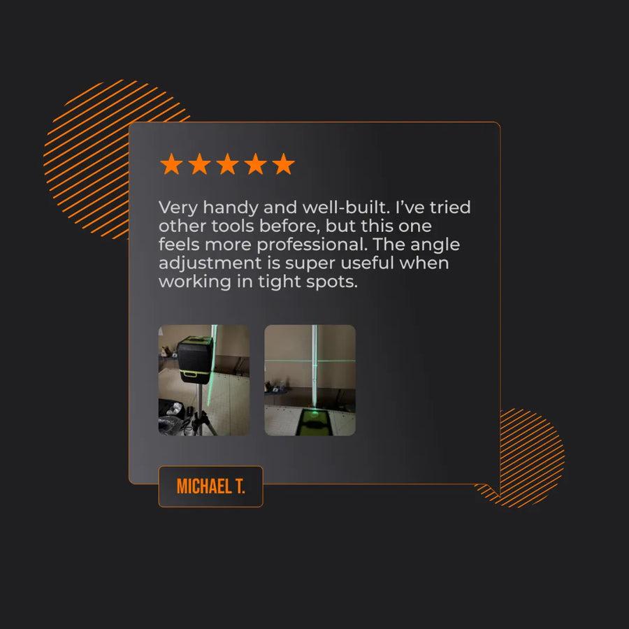 5-star laser level tool review with user photos and testimonial on a dark graphic background
