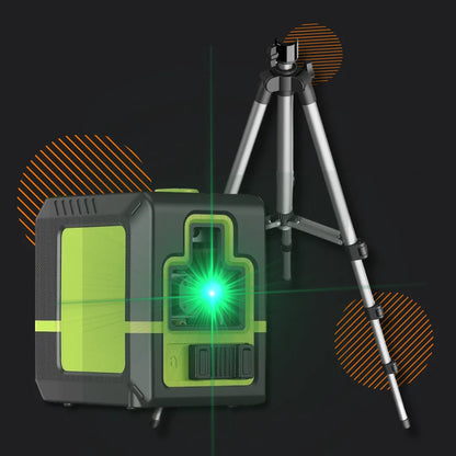 Green laser level tool on tripod with glowing beam, black background, construction equipment