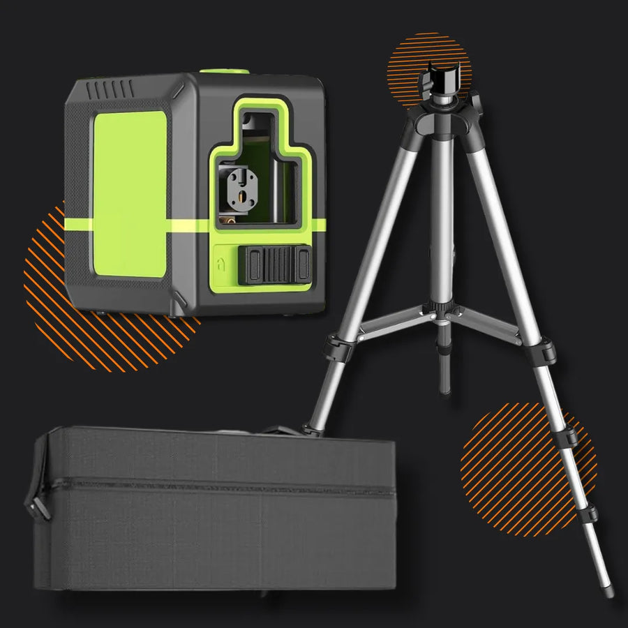 Green laser level with aluminum tripod and black carrying case on dark background