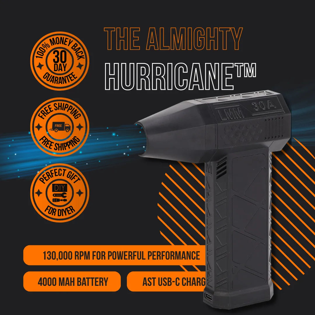The Almighty Hurricane black cordless air duster with 130,000 RPM and 4000 mAh battery on dark background