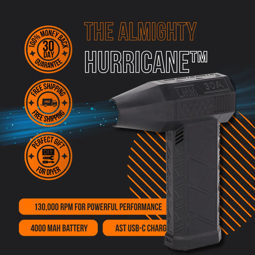 The Almighty Hurricane black cordless air duster with 130,000 RPM and 4000 mAh battery on dark background