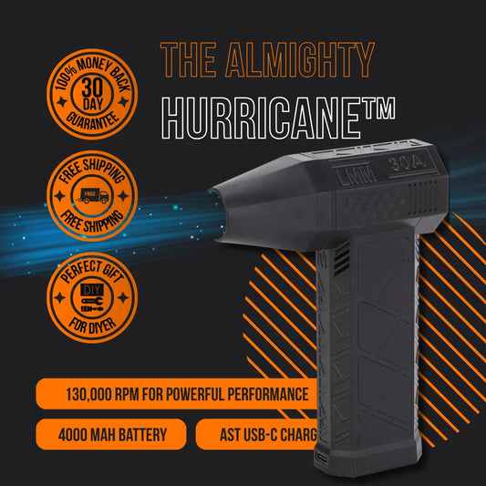 The Almighty Hurricane black cordless air duster with 130,000 RPM and 4000 mAh battery on dark background
