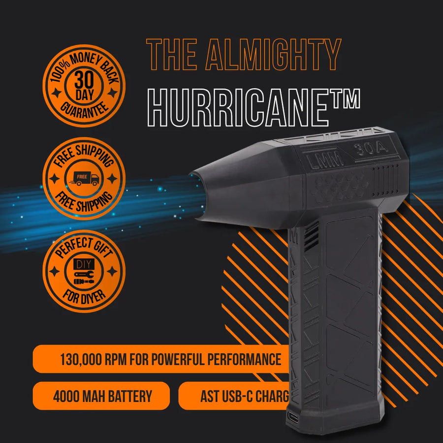 The Almighty Hurricane black cordless air duster with 130,000 RPM and 4000 mAh battery on dark background