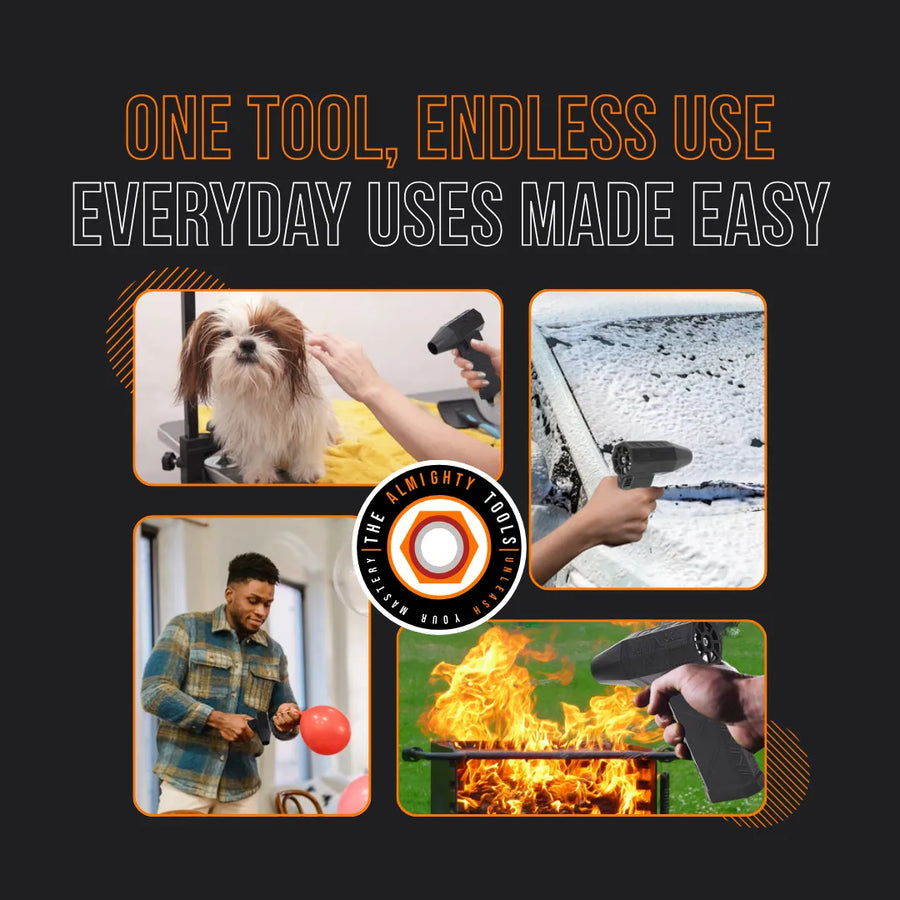 Multipurpose handheld tool used for pet grooming, cleaning, lighting fire, and inflating balloons.