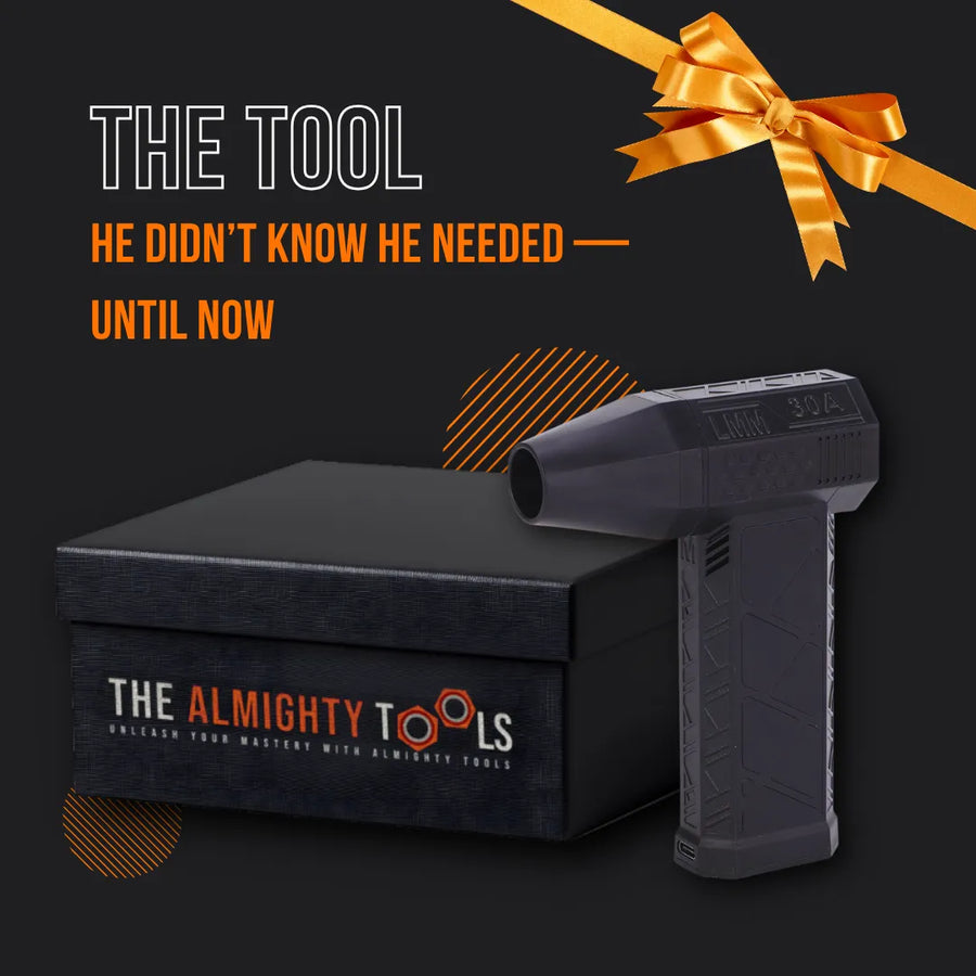 The Almighty Tools gift box with power tool and gold ribbon, tool gift for men
