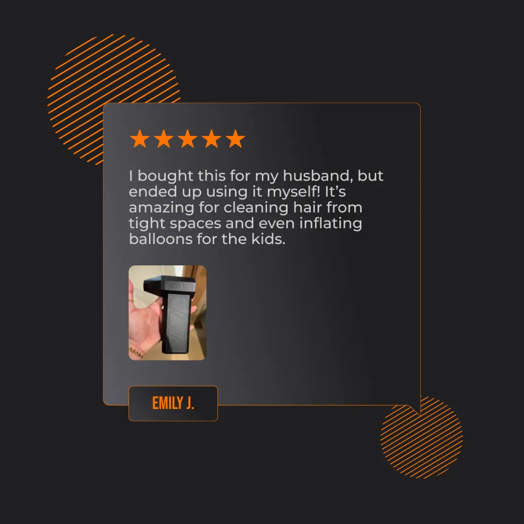 Five-star review for handheld cleaning device, image of black tool, on dark graphic background.