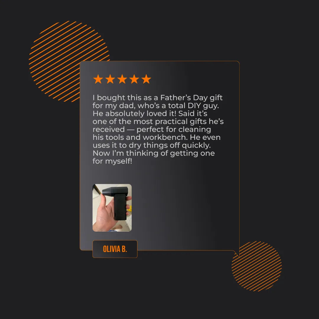 Five-star customer review for cleaning tool, photo of hand holding black gadget, testimonial box
