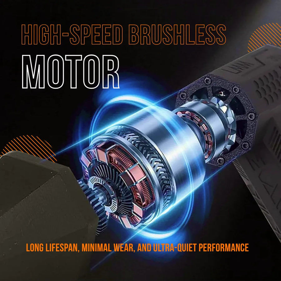 High-speed brushless motor with glowing blue effects, highlighting minimal wear and quiet performance