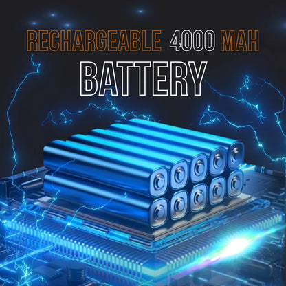 Rechargeable 4000mAh battery pack with blue cells and electric sparks on a circuit board