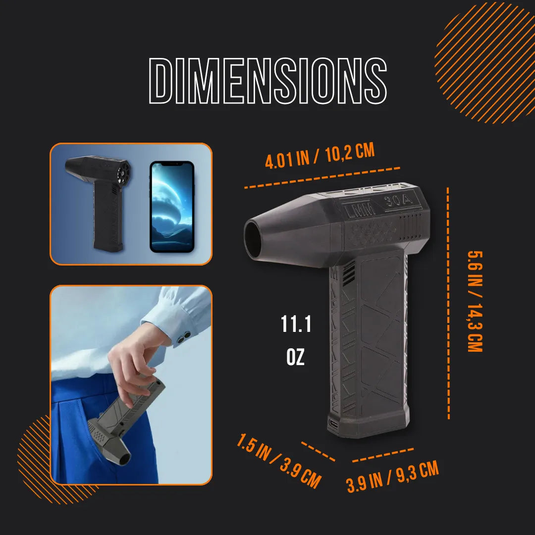 Compact black handheld air blower with dimensions, shown beside smartphone and in a pocket.