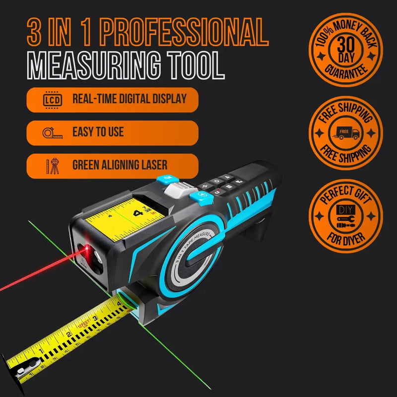 3-in-1 professional measuring tool with digital display, green laser, and tape measure