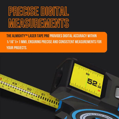 Almighty Laser Tape Pro digital tape measure with LCD screen and bright yellow tape