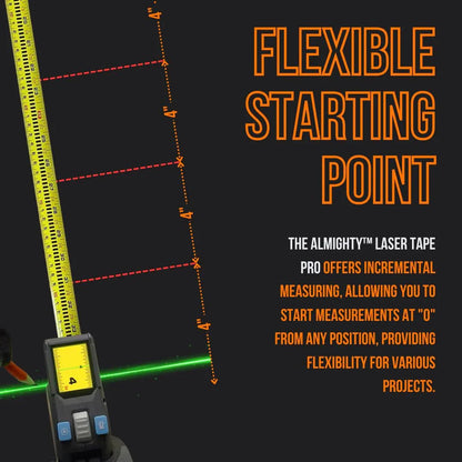 Almighty Laser Tape Pro digital tape measure with green laser, flexible starting point feature.