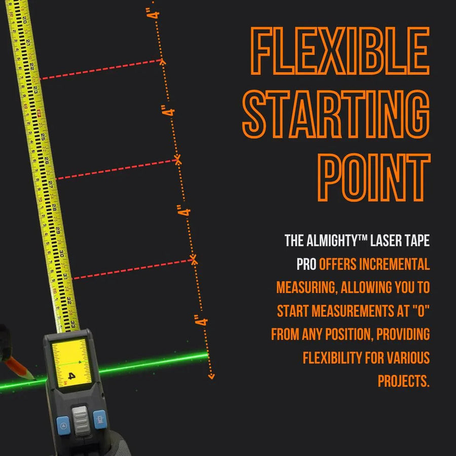 Almighty Laser Tape Pro digital tape measure with green laser, flexible starting point feature.