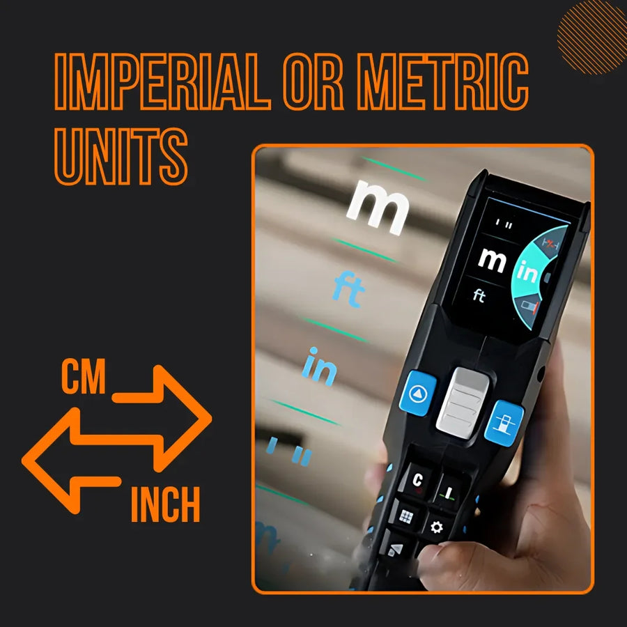 Digital laser tape measure with screen showing metric and imperial units, cm inch switch