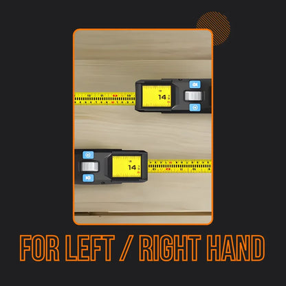 Laser tape measure pro for left or right hand, yellow ruler on wood background