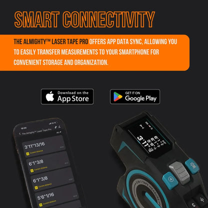 Almighty Laser Tape Pro smart laser tape measure syncing measurements to smartphone app.