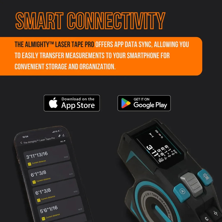 Almighty Laser Tape Pro smart laser tape measure syncing measurements to smartphone app.
