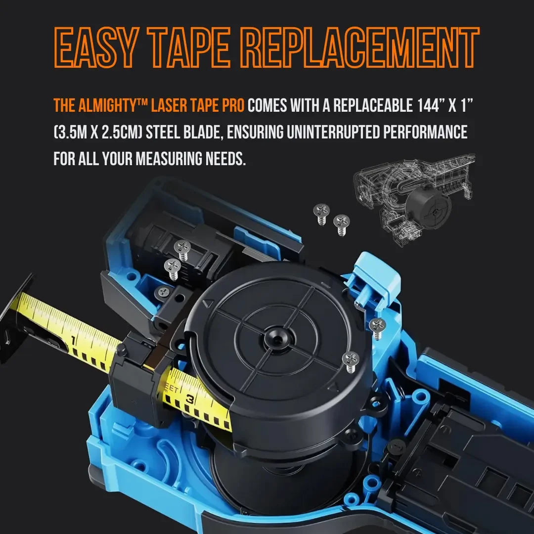 The Almighty Laser Tape Pro open case showing replaceable steel measuring tape and screws
