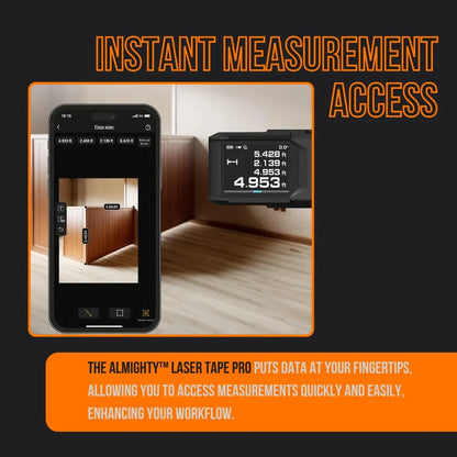 Laser Tape Pro digital measuring tool and smartphone app displaying room measurements