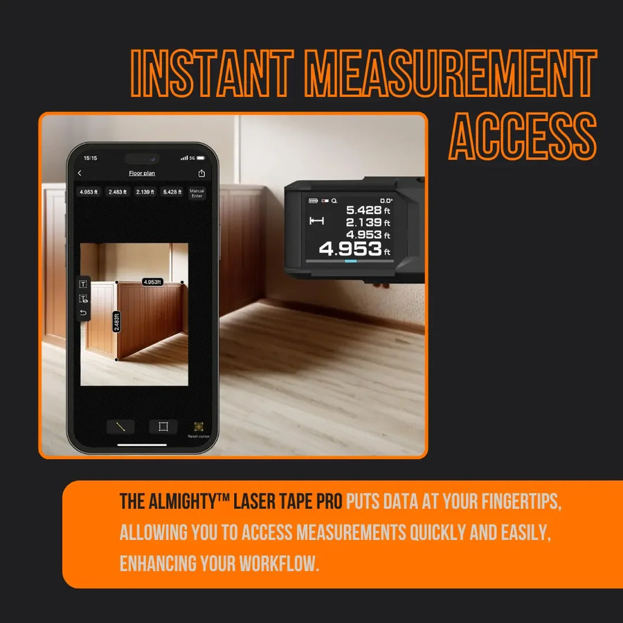 Laser Tape Pro digital measuring tool and smartphone app displaying room measurements