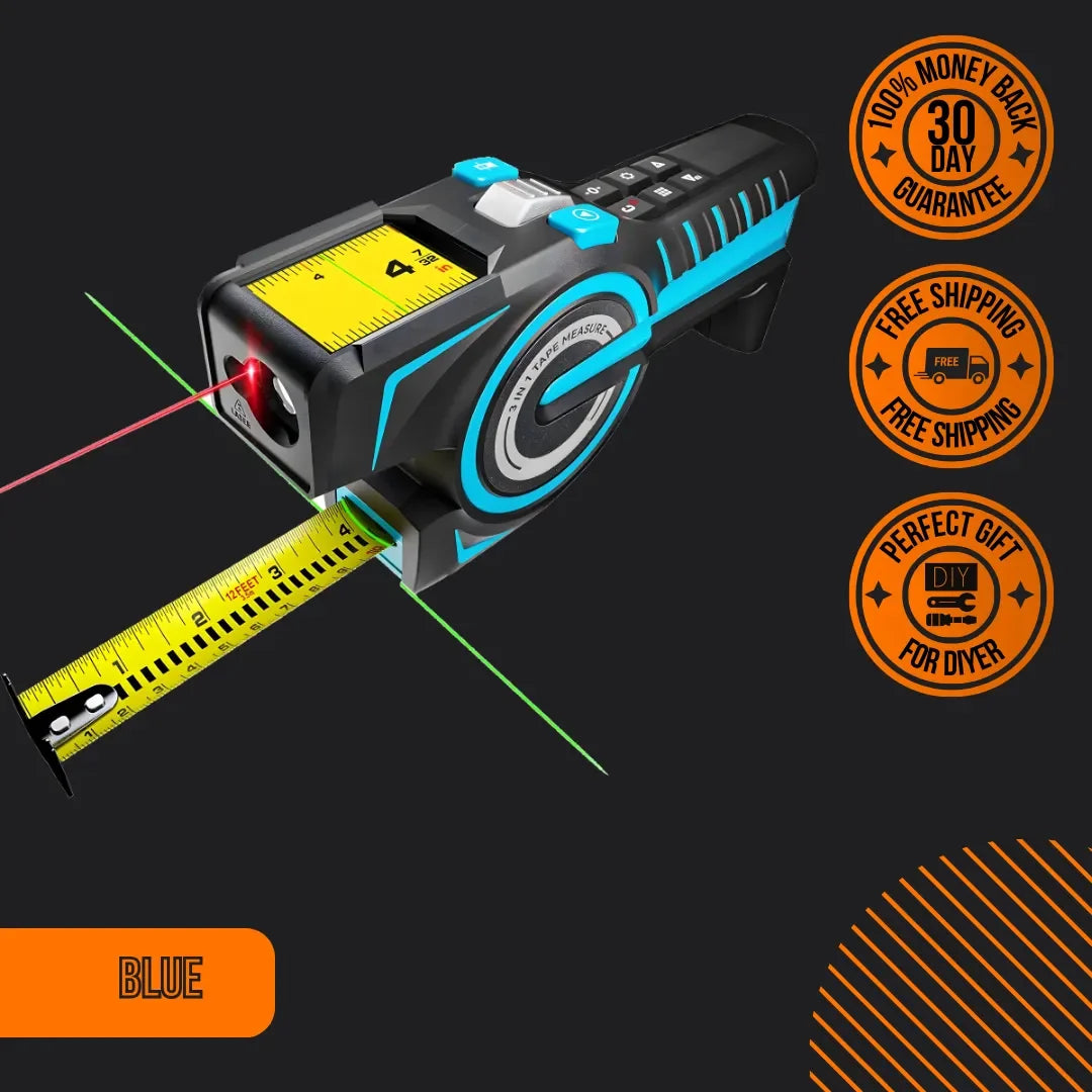 Blue digital laser tape measure with ruler and laser line, DIY tool on black background
