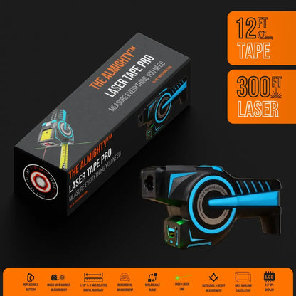 The Almighty Laser Tape Pro digital tape measure with 12ft tape and 300ft laser