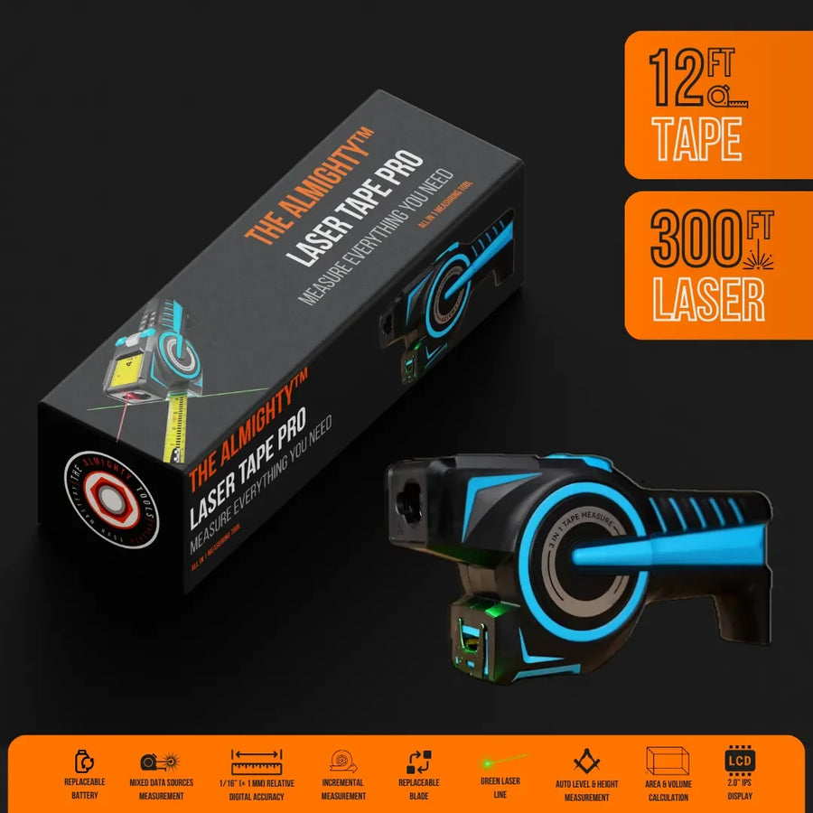 The Almighty Laser Tape Pro digital tape measure with 12ft tape and 300ft laser