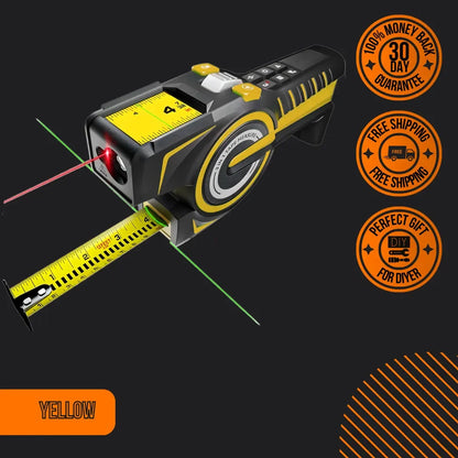 Yellow and black laser tape measure tool with digital display and laser guide lines on dark background
