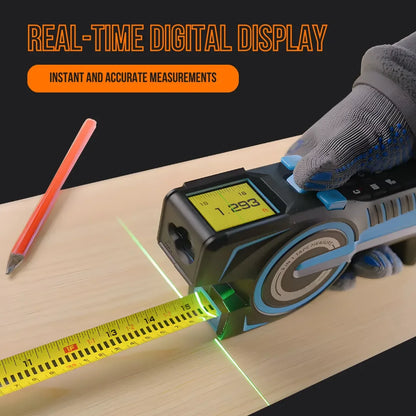 Digital laser tape measure with real-time display measuring wood surface
