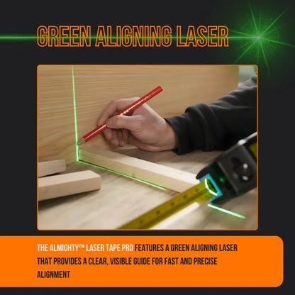 Laser tape measure projects green alignment line for woodworking or carpentry precision.