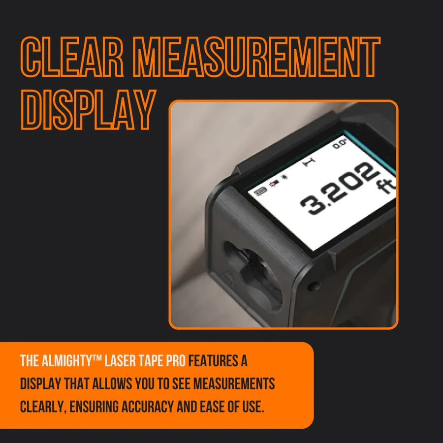 Almighty Laser Tape Pro digital measuring tool showing clear electronic display in use