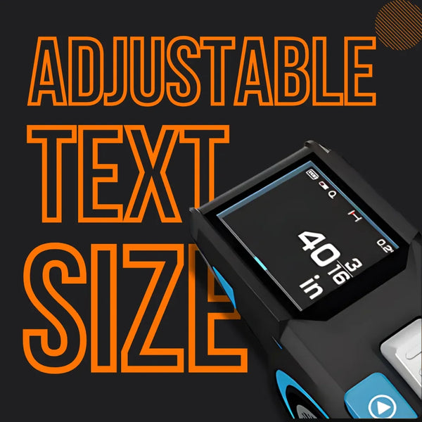 Laser Tape Pro digital measuring tool with adjustable text size display on black background