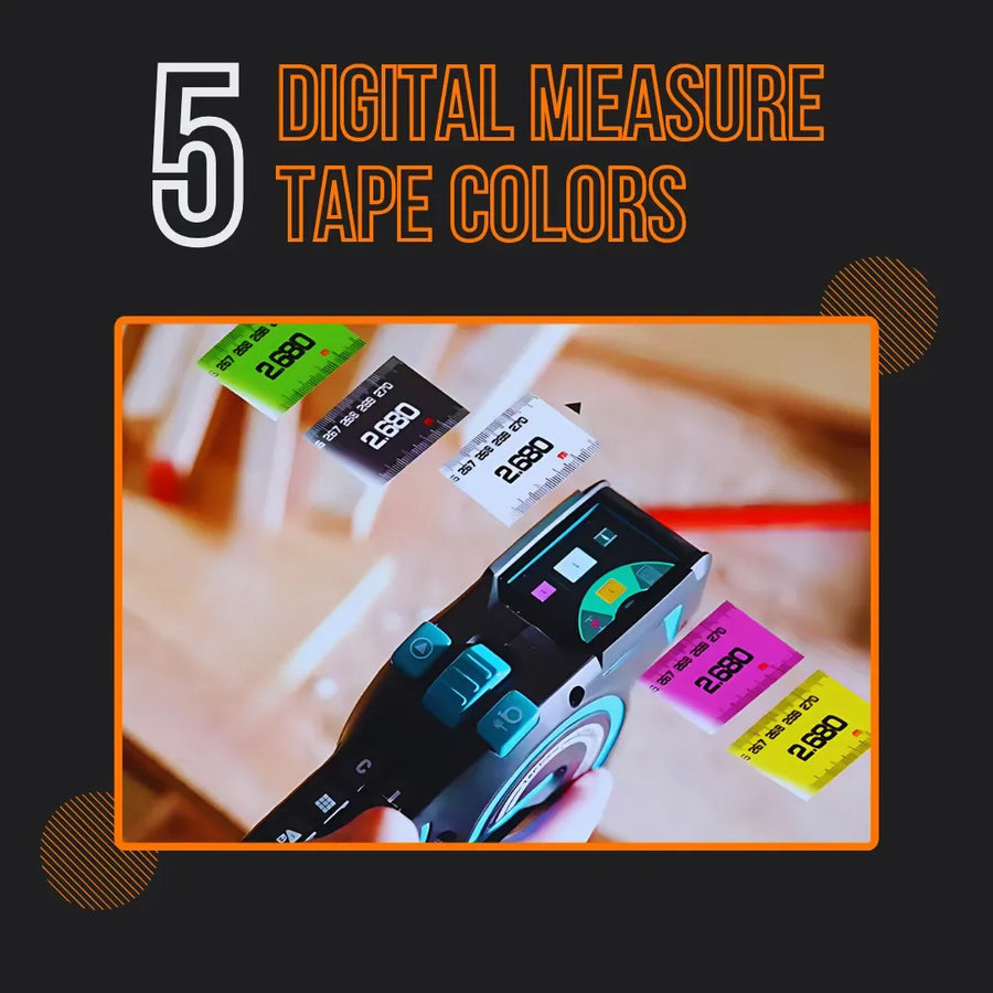 Digital laser tape measure with five colorful measurement tapes displayed, product close-up