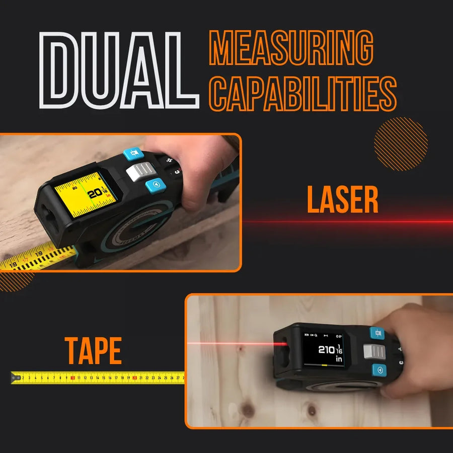 Dual measuring tape with laser and tape features on wood surfaces, handheld tool.