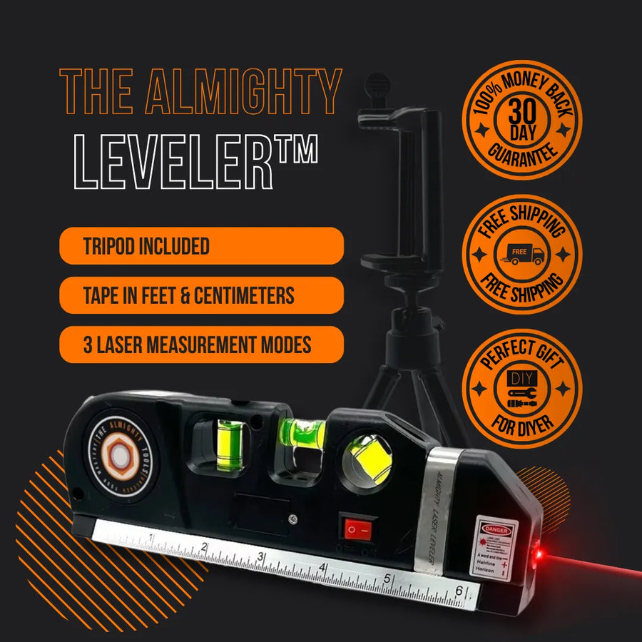 The Almighty Leveler laser level tool with tripod, ruler, and laser measurement modes