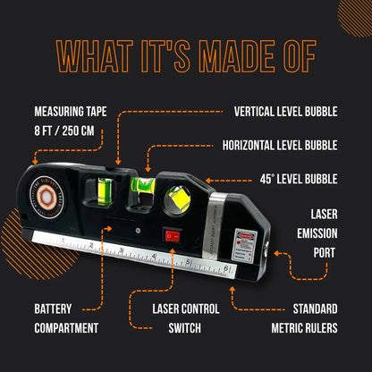 Multi-function laser level tool with measuring tape, rulers, and bubble vials on black background