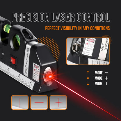 Black laser level tool with ruler, bubble vials, and bright red laser for precision leveling